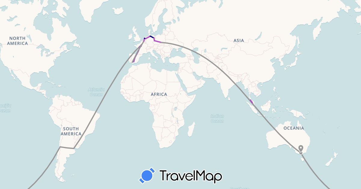 TravelMap itinerary: driving, plane, train, boat in Argentina, Australia, Belgium, Chile, Germany, Spain, France, Malaysia, Netherlands, Poland (Asia, Europe, Oceania, South America)